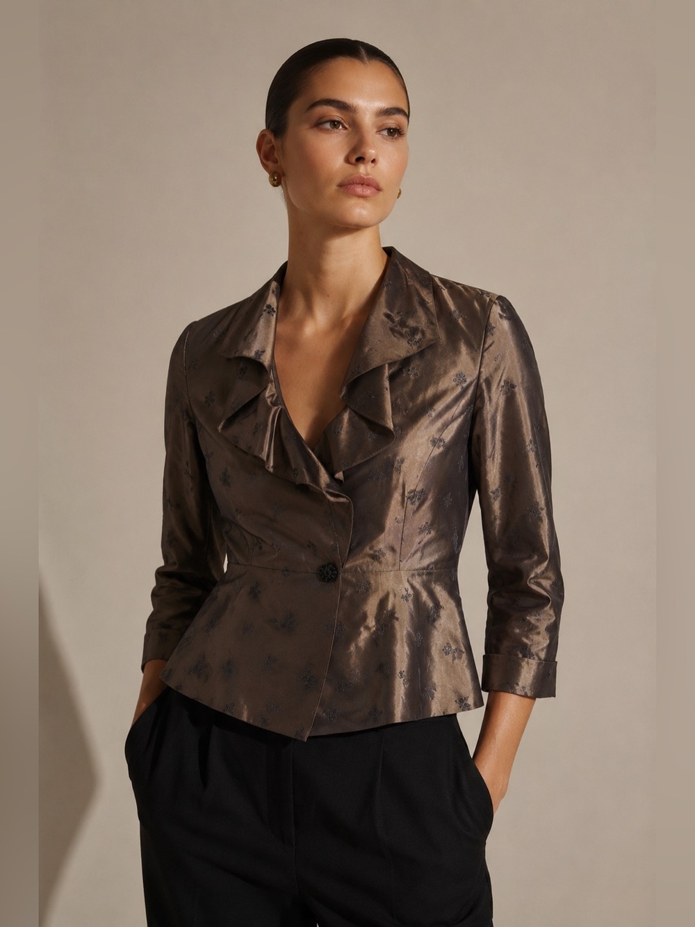 Vintage Armani Collezioni Bronze Metallic Floral Jacquard Ruffle Peplum Blouse
